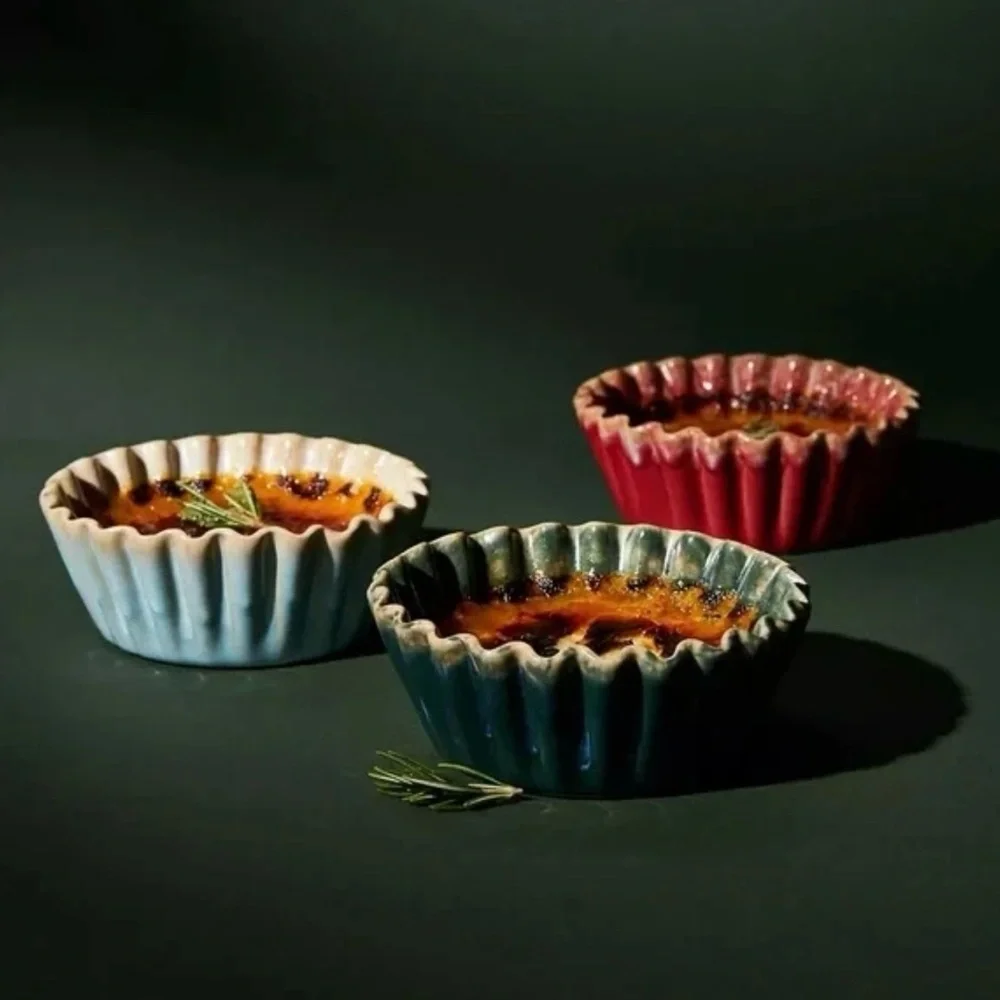 Anthropologie Kori Ramekin Green Hand-Glazed Stoneware Ruffled Ramekin Dish New!